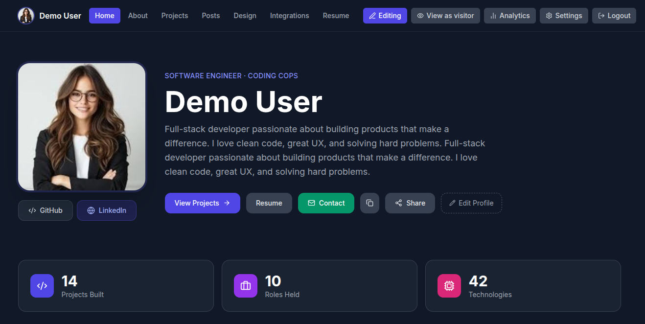 FolioHub portfolio editor with a live preview of a personal portfolio